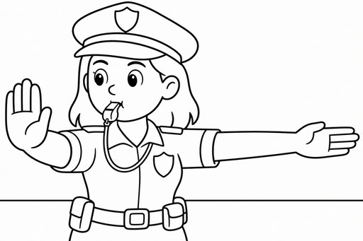 En glad kvinnlig polis i uniform och mössa blåser i en visselpipa medan hon dirigerar trafik. Hon håller upp en hand för att stoppa och pekar med den andra. Bilden har kraftiga konturer som är lätta att färglägga.