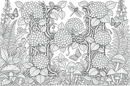 En dekorativ bokstav H formad av klättrande rankor och stora hortensiablommor. Bokstaven omges av skogsflora inklusive prickiga svampar, ormbunkar och fingerborgsblommor. En trollslända och flera fjärilar flyger i scenen medan nyckelpigor kryper på bladen.