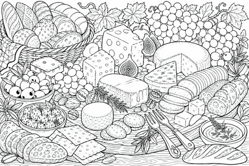 En detaljerad linjeteckning av en lyxig ostbricka med bitar av schweizerost och brie, korgar med hantverksbröd, oliver i en skål och vindruvsklasar med blad. Två serveringsgafflar ligger på en skärbräda bredvid kex och nötter.