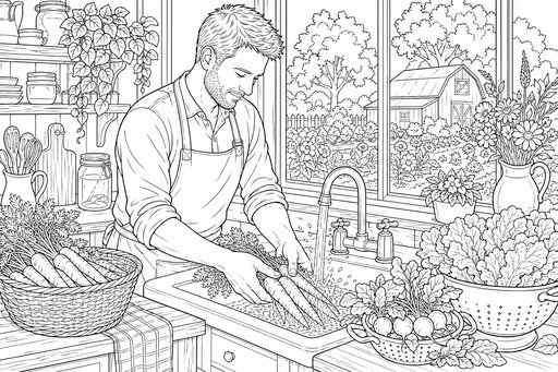 En man i förkläde står vid en diskho och tvättar morötter under rinnande vatten. På bänken finns skålar med rädisor och grönsallad, och i bakgrunden syns en ladugård och blommor genom ett fönster.