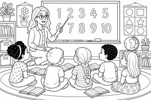Un'insegnante indica i numeri sulla lavagna mentre cinque bambini siedono in cerchio su un tappeto con i libri aperti in classe.