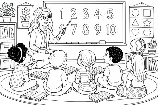 En lärare pekar på siffror på en tavla medan en grupp barn sitter på en matta med öppna böcker i ett klassrum med bokhyllor och en jordglob.