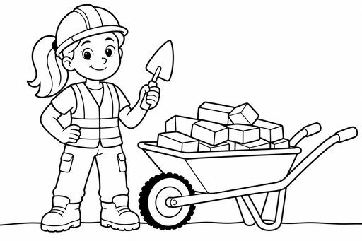 En glad byggarbetare med skyddshjälm och reflexväst står bredvid en skottkärra fullastad med tegelstenar. Hon håller en murarslev i handen och har den andra handen på höften. Bilden har tjocka konturer.