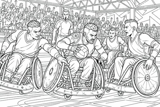 Tre spelare i rullstolsrugby kämpar om en boll på en spelplan. En spelare håller bollen medan de andra sträcker sig för att bryta. En domare och en fullsatt läktare syns i bakgrunden.