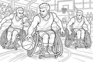 Un atleta determinato su una carrozzina sportiva palleggia con un pallone da basket. Due avversari cercano di bloccarlo mentre i tifosi guardano. Linee di movimento indicano la velocità dell'azione.