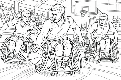 En fokuserad idrottare i rullstol dribblar en basketboll över planen. Två motståndare försöker blockera honom medan publiken tittar på. Fartränder visar den snabba rörelsen mot basketkorgen i bakgrunden.