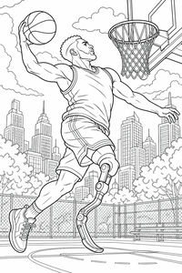 Ein athletischer Basketballspieler mit einer Beinputzprothese springt hoch in die Luft für einen Slam Dunk. Er hält den Ball in einer Hand über seinem Kopf. Die Szene zeigt einen Außenplatz mit einem Maschendrahtzaun und einer detaillierten Skyline der Stadt unter bewölktem Himmel.