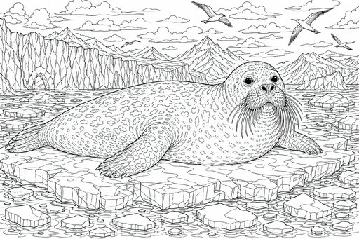 En detaljerad målarbild av en storsäl med långa morrhår som ligger på ett isflak. I bakgrunden syns spetsiga berg, en glaciär med en grotta och måsar som flyger bland molnen.