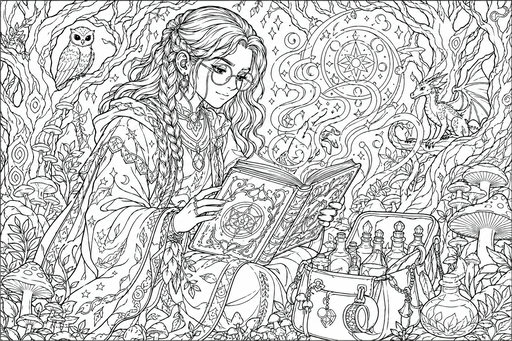 Seorang wanita muda dengan kacamata dan rambut dikepang membaca buku sihir besar di hutan ajaib. Seekor burung hantu duduk di dahan pohon, seekor naga kecil mengintip, dan tas berisi botol ramuan ada di dekat kakinya.