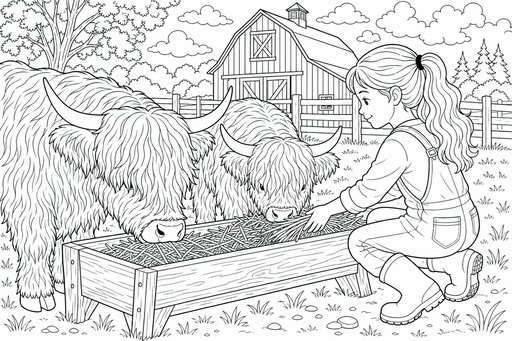 En flicka med hästsvans sitter på huk och matar två långhåriga höglandskor med hö ur ett tråg. I bakgrunden syns en stor lada och granar under en himmel med lätta moln.