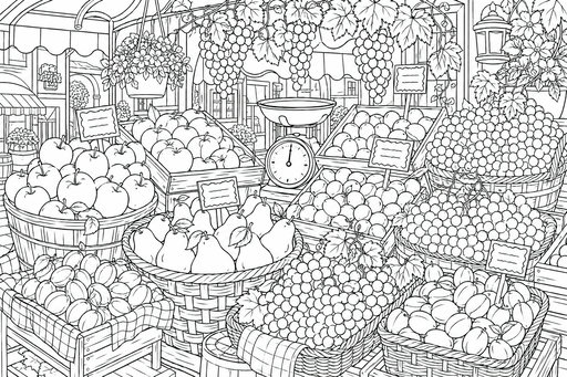 En detaljerad marknadsscen med mängder av korgar och trälådor fyllda med frukter som äpplen, päron och druvor. En vintagevåg står i mitten och vinrankor med hängande druvklasar ramar in ståndets övre del.