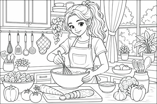 En ung kock med hästsvans och förkläde står vid en köksbänk och vispar i en skål. Framför henne ligger grönsaker, en skärbräda och olika ingredienser. I bakgrunden syns köksskåp, en krukväxt och ett fönster.