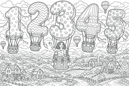 Fem stora luftballonger formade som siffrorna ett till fem flyger över ett detaljerat landskap. En kvinna vinkar från korgen under siffran tre. På marken syns bondgårdar, lador, staket och små broar över en å.