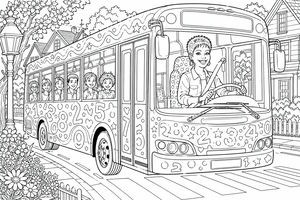Eine lächelnde Frau fährt einen großen Bus, der mit Zahlen wie 1, 2, 3, 5 und 8 verziert ist. Fröhliche Kinder blicken aus den Seitenfenstern. Im Hintergrund sieht man eine Wohnstraße mit Häusern, einem Zaun und blühenden Blumen neben einer Laterne.
