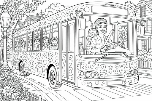 En leende kvinna kör en stor buss prydd med siffrorna 1, 2, 3, 5 och 8 samt hjärtmönster. Barn syns i fönstren på sidan av bussen. I bakgrunden finns en gata med villor, ett staket och vackra blommor vid en lyktstolpe.