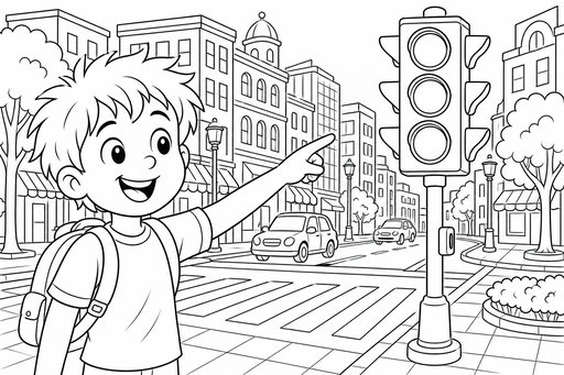 En leende pojke med ryggsäck står vid ett övergångsställe och pekar på ett stort trafikljus. Bakom honom syns bilar på en stadsgata kantad av hus, träd och butiker.
