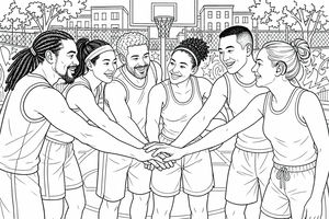 Eine Gruppe junger Basketballspieler in Trikots und Shorts, die ihre Hände für einen Mannschaftsschwur auf einem Streetball-Platz zusammenlegen.
