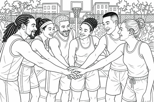 En grupp unga vuxna basketspelare i linnen och shorts som lägger händerna tillsammans för en lagpepp på en utomhusplan.