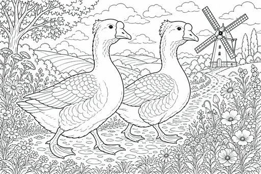 Två gäss går på en stenstig omgiven av vackra blommor. I bakgrunden syns en väderkvarn på en kulle under en himmel med mjuka moln och ett lummigt träd.