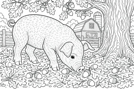 En liten gris som letar efter ekollon bland höstlöv under en stor ek på en bondgård.