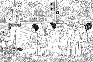 Ein Polizist in Uniform steht an einem Zebrastreifen und spricht mit einer Reihe von Kindern vor einem Parkhintergrund.