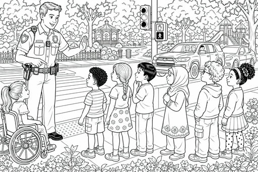 En polis i uniform står vid ett övergångsställe och pratar med en rad barn, med ett trafikljus och en park i bakgrunden.