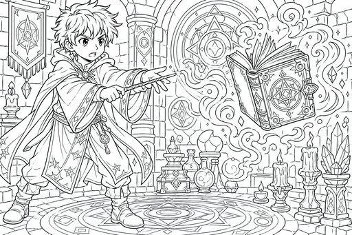 Seorang penyihir muda berjubah mengarahkan tongkatnya ke buku mantra yang melayang di ruang batu. Pusaran sihir dan rune memenuhi udara di sekitarnya.