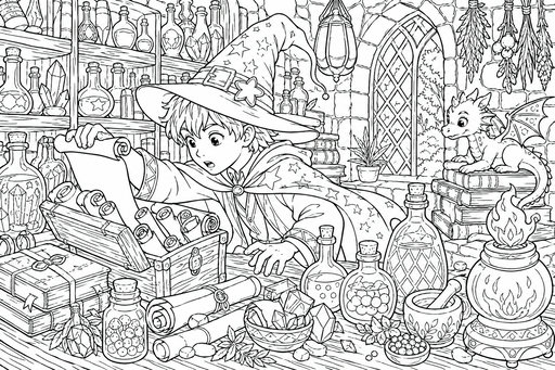 Seorang penyihir muda dengan topi runcing dan jubah memeriksa peti berisi gulungan di meja kayu. Seekor naga kecil duduk di tumpukan buku, dan rak-rak di belakangnya penuh dengan botol ramuan serta tanaman herbal.