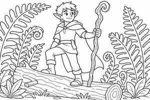 Ein junger Elf mit spitzen Ohren steht auf einem umgestürzten Baumstamm in einem dichten Wald. Er trägt einen Umhang und eine Tunika und hält einen langen, knotigen Wanderstab. Riesige Farne mit eingerollten Blättern rahmen die Szene ein.