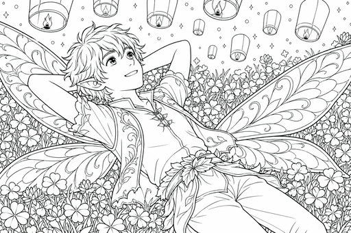 Seorang peri remaja dengan sayap bermotif indah berbaring telentang di ladang semanggi. Ia tersenyum menatap lampion langit yang melayang di atasnya dengan latar belakang berbintang. Tangannya diletakkan di belakang kepala.