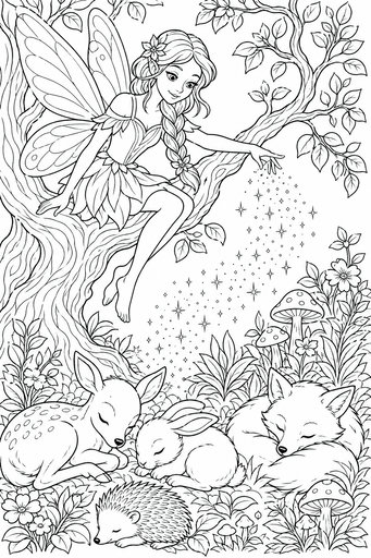 En fé med stora vingar sitter på en trädgren och sprider gnistrande stoft över en grupp sovande skogsdjur. Ett kid, en räv, en kanin och en liten igelkott vilar på skogsmarken omgivna av blommor och flugsvampar.