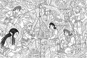 Sechs Elfen in Tuniken und Hüten arbeiten zusammen in einem großen Baum, um ein Miniatur-Holzhaus hochzuziehen und zu bauen.