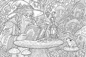 Ein detailliertes Ausmalbild mit einem weisen Elfen, der an einem Pilztisch in einem magischen Wald voller kleiner Häuser in einem Buch liest.