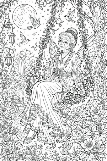 Seorang wanita peri tua dengan sayap dan kacamata duduk di ayunan yang terbuat dari tanaman rambat dan bunga. Ia dikelilingi burung kecil, lentera ajaib, dan air terjun di bawah bulan purnama besar.