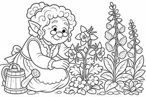 Eine Zeichentrickdarstellung einer älteren weiblichen Elfe mit lockigem Haar und spitzen Ohren, die zwischen hohen Fingerhüten und Akeleien gärtnert.