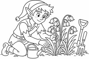 Ein gezeichneter Elf mit Zipfelmütze kniet neben einer Gruppe von Glockenblumen, während eine Gießkanne und eine Schaufel bereitstehen.
