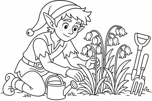 Ein gezeichneter Elf mit Zipfelmütze kniet neben einer Gruppe von Glockenblumen, während eine Gießkanne und eine Schaufel bereitstehen.