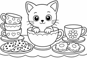 Un gattino in stile cartoon che spunta da una tazza da tè su un tavolo con biscotti e tazzine impilate.