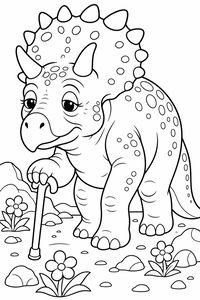 Kreslený dinosaurus s rohy a velkým kostěným límcem kráčí s holí po cestě s kamínky a květinami.