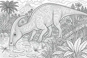 Obrysová ilustrace dinosaura jménem Parasaurolophus, který pije vodu. Scéna obsahuje vážky, listy leknínů, sopku a exotické rostliny.