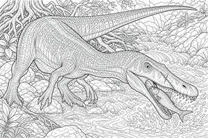 Velký dinosaurus baryonyx s jizvou na čenichu drží v tlamě rybu u břehu řeky s hustou vegetací.