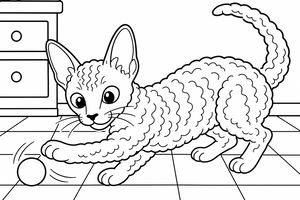 Kreslená kočka cornish rex s vlnitou srstí si hraje s míčkem na dlážděné podlaze vedle komody.