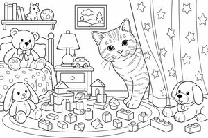 Eine süße Katze blickt hinter einem Vorhang in einem Kinderzimmer hervor, das mit Spielzeugautos, Bausteinen, Kuscheltieren und einem Bett gefüllt ist.