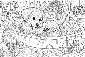 Ein Ausmalbild, das ein flauschiges Kätzchen zeigt, das mit Gummienten in einer Badewanne planscht. Die Szene umfasst einen Teddybären, ein Segelboot und Seifen in einem detaillierten Badezimmer.