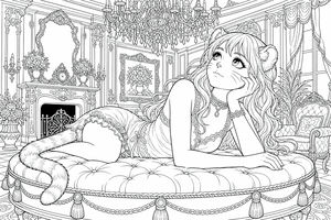 Anime kočičí dívka s dlouhými vlnitými vlasy a pruhovaným ocasem leží na kulatém taburetu. Dívá se na velký křišťálový lustr v místnosti plné květin a starožitného nábytku.