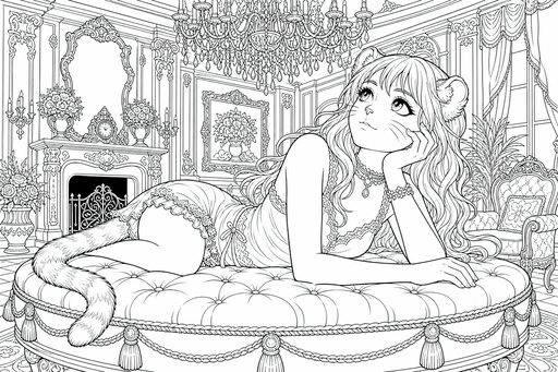 Anime kočičí dívka s dlouhými vlnitými vlasy a pruhovaným ocasem leží na kulatém taburetu. Dívá se na velký křišťálový lustr v místnosti plné květin a starožitného nábytku.