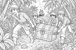 Un gruppo di giovani pirati con bandane e maglie a righe trascinano un grande forziere in una giungla tropicale. Una nave si vede in lontananza.