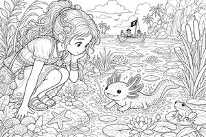 Una bambina con capelli ricci e conchiglie tra i capelli osserva un assolotto maculato nell'acqua. Il disegno include ninfee, canne, una rana e una stella marina sulla riva con una barca pirata.