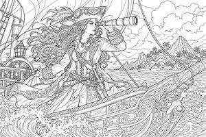 Un'illustrazione dettagliata di una donna pirata con lunghi capelli fluenti sul ponte di un veliero. Tiene un cannocchiale all'occhio, guardando verso un'isola con palme e un vulcano. La prua della nave presenta una sirena scolpita e le onde si infrangono sullo scafo.