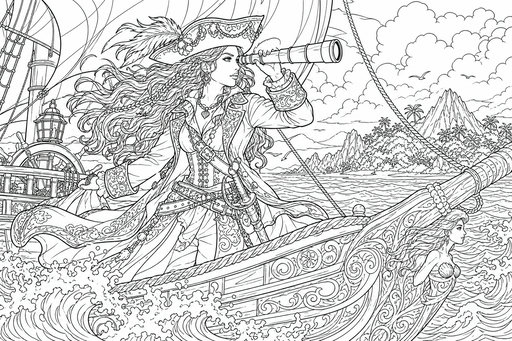 Detaljna ilustracija žene pirata s dugom valovitom kosom na palubi jedrenjaka. Drži dalekozor na oku gledajući prema otoku s palmama i vulkanom. Na pramcu broda je izrezbarena sirena, a valovi udaraju u trup.